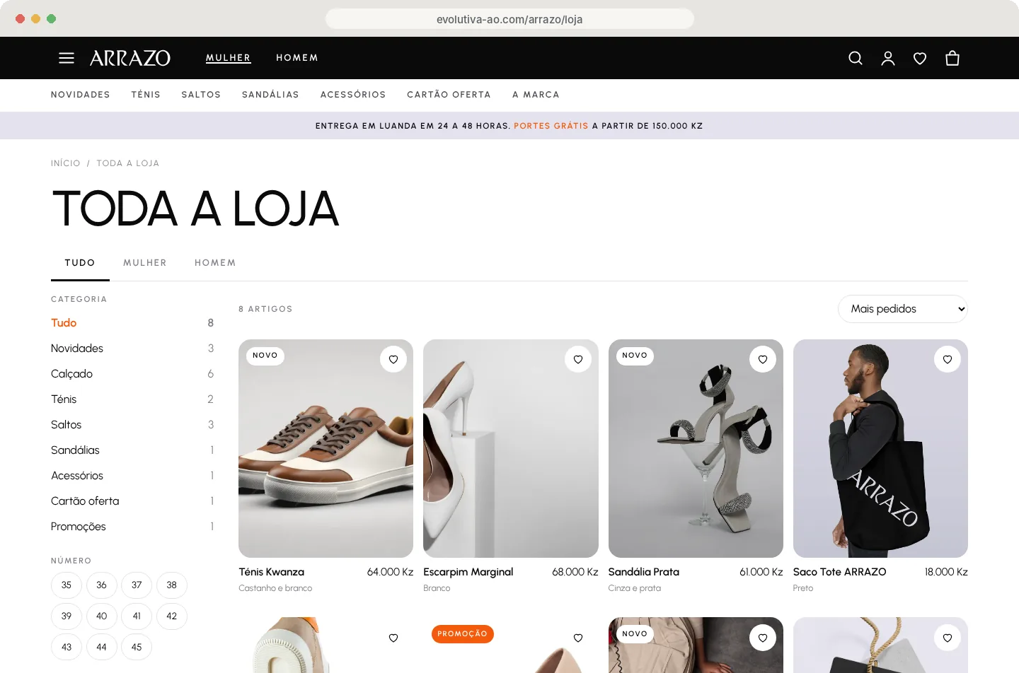 Catálogo da loja ARRAZO com filtros por categoria e tamanho
