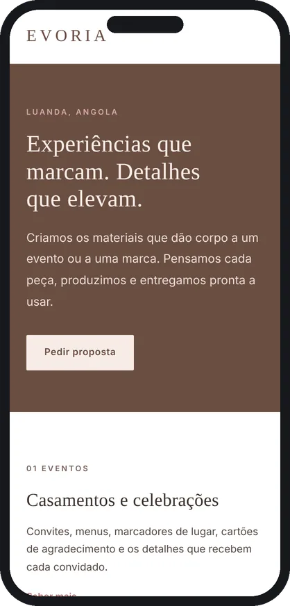 Site da Evoria no telemóvel