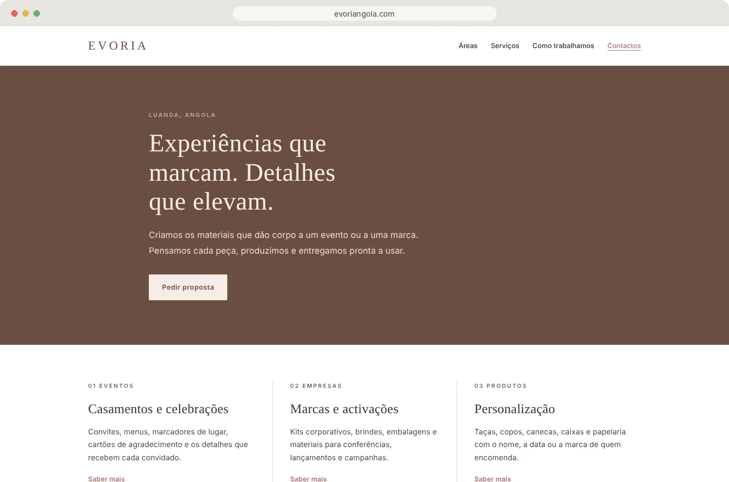 Página inicial do site da Evoria