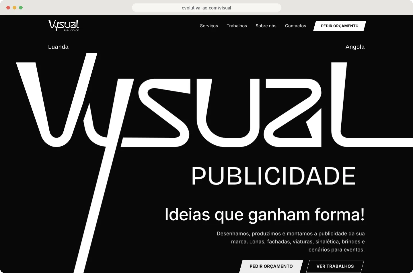 Página inicial da demonstração para a Vysual Publicidade